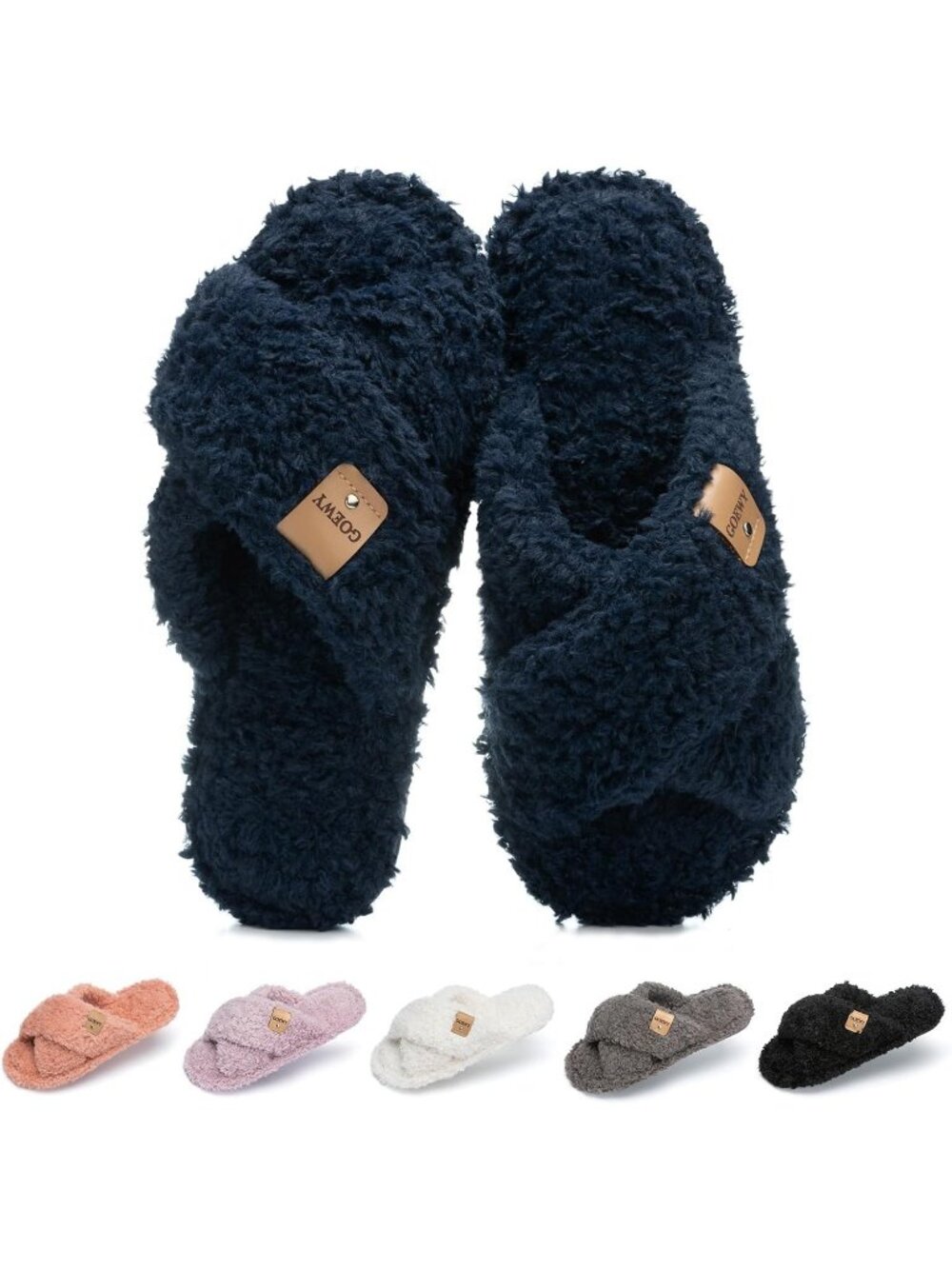 Womens Navy Blue Cozy Cross Band Indoor and Outdoor Fuzzy Open Toe Slipper Shoes